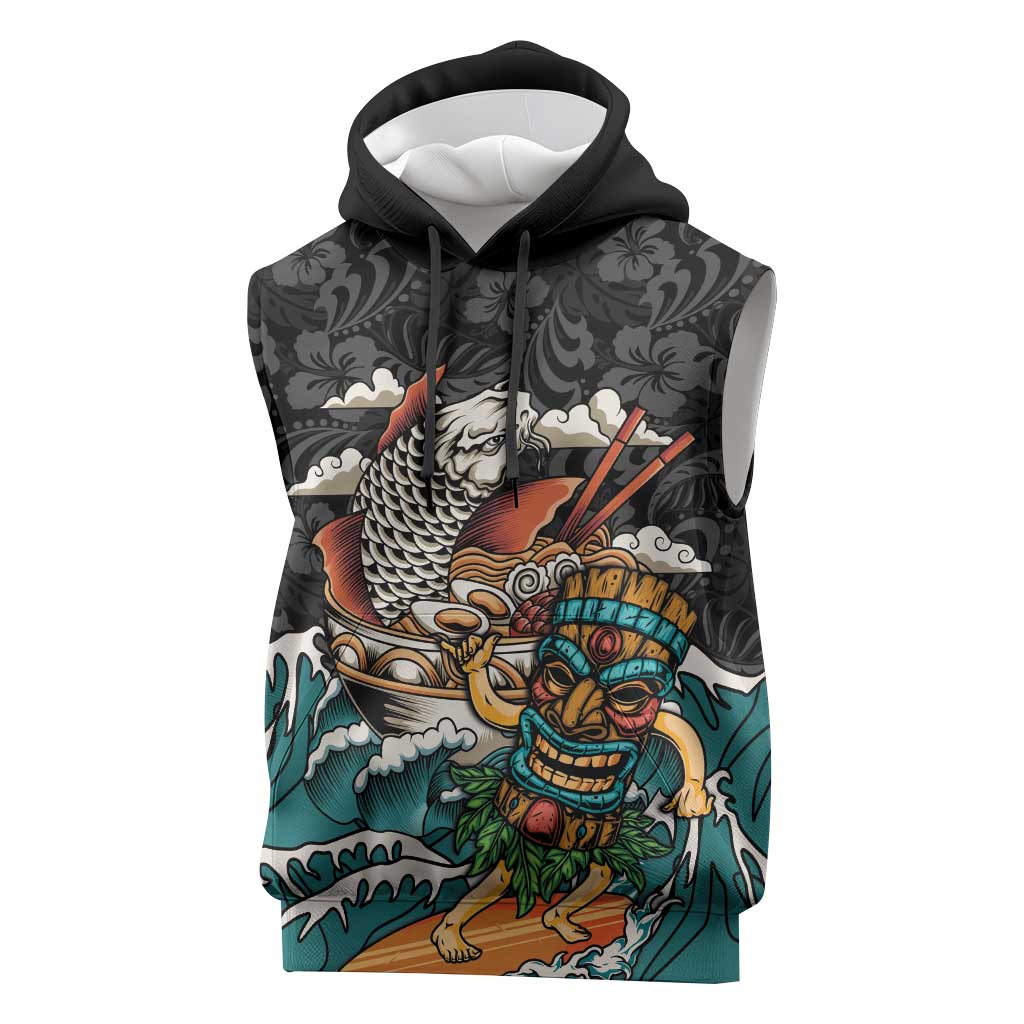 Personalized Japanese Koi Fish Ramen Sleeveless Hoodie Tiki Surfing Wagara Hibiscus Pattern