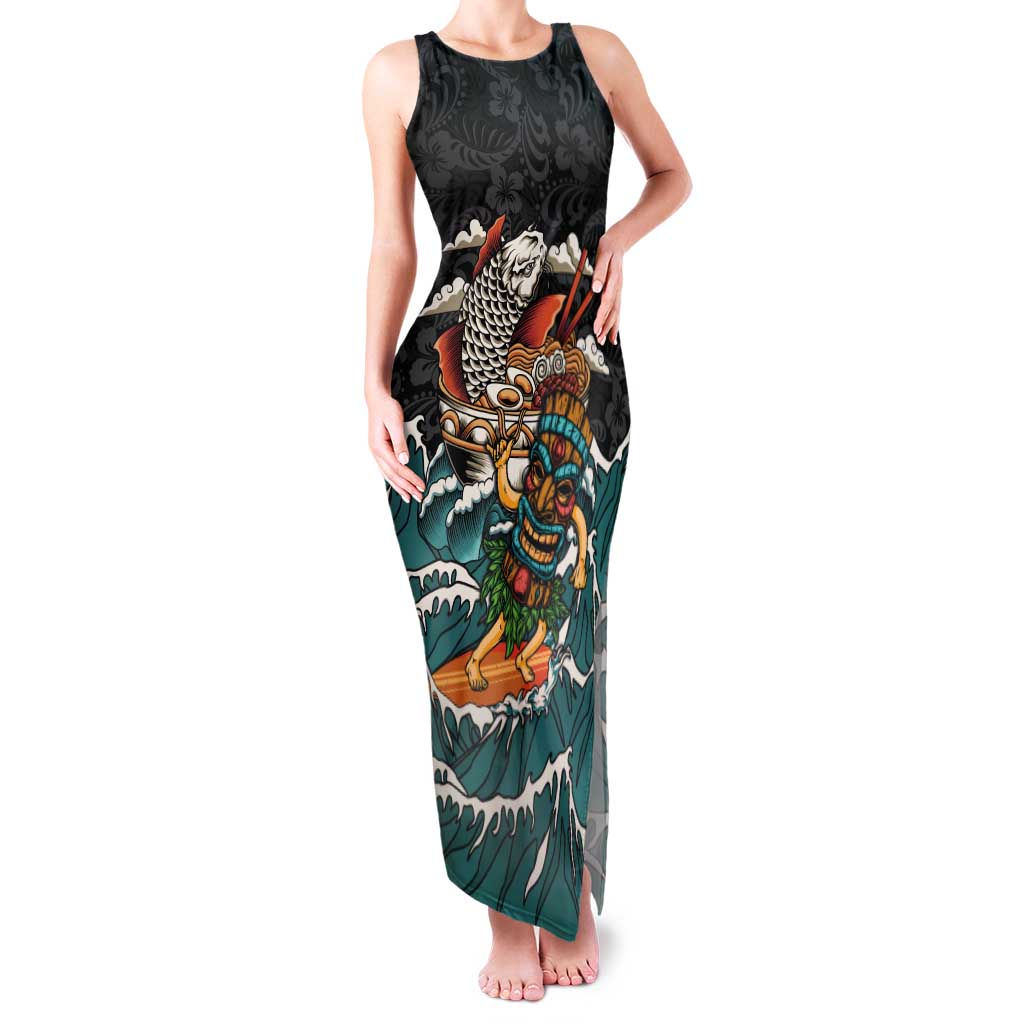 Personalized Japanese Koi Fish Ramen Tank Maxi Dress Tiki Surfing Wagara Hibiscus Pattern