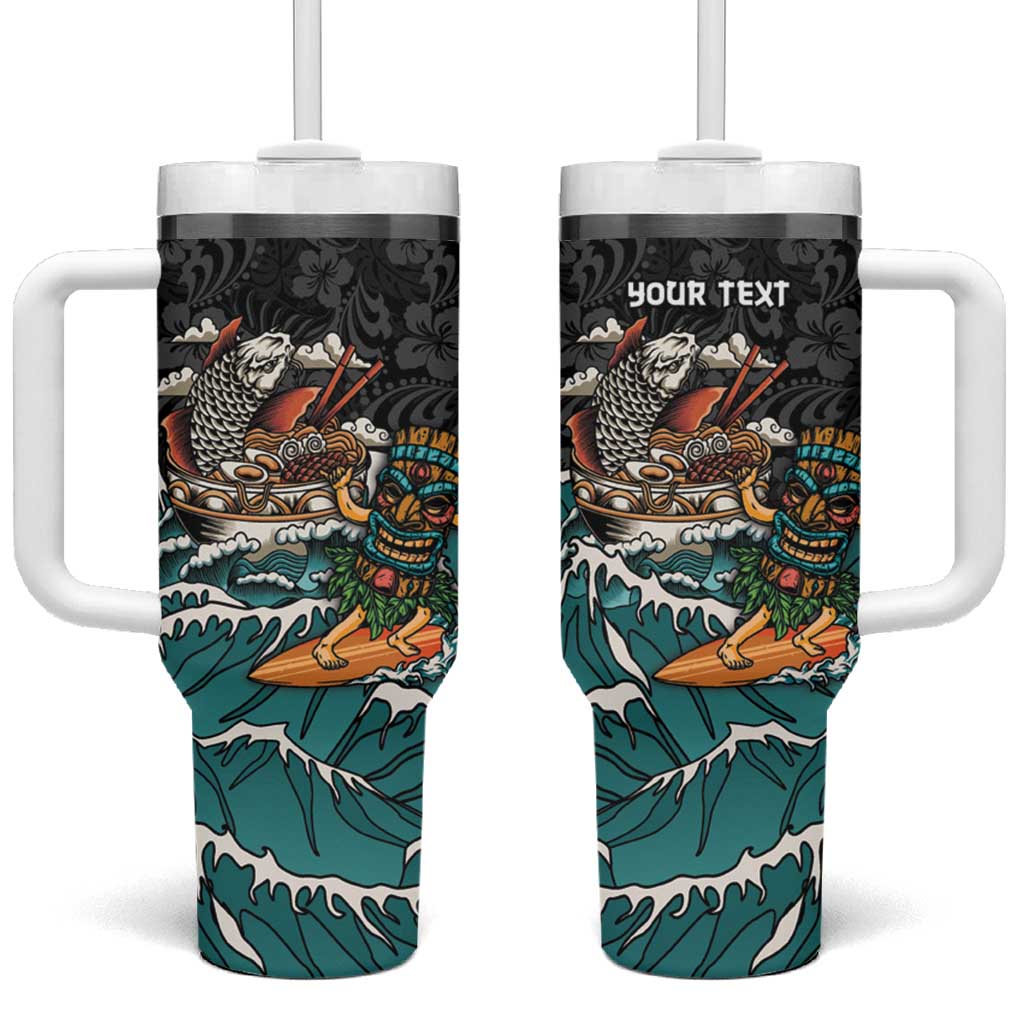 Personalized Japanese Koi Fish Ramen Tumbler With Handle Tiki Surfing Wagara Hibiscus Pattern
