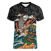 Personalized Japanese Koi Fish Ramen Women V-Neck T-Shirt Tiki Surfing Wagara Hibiscus Pattern