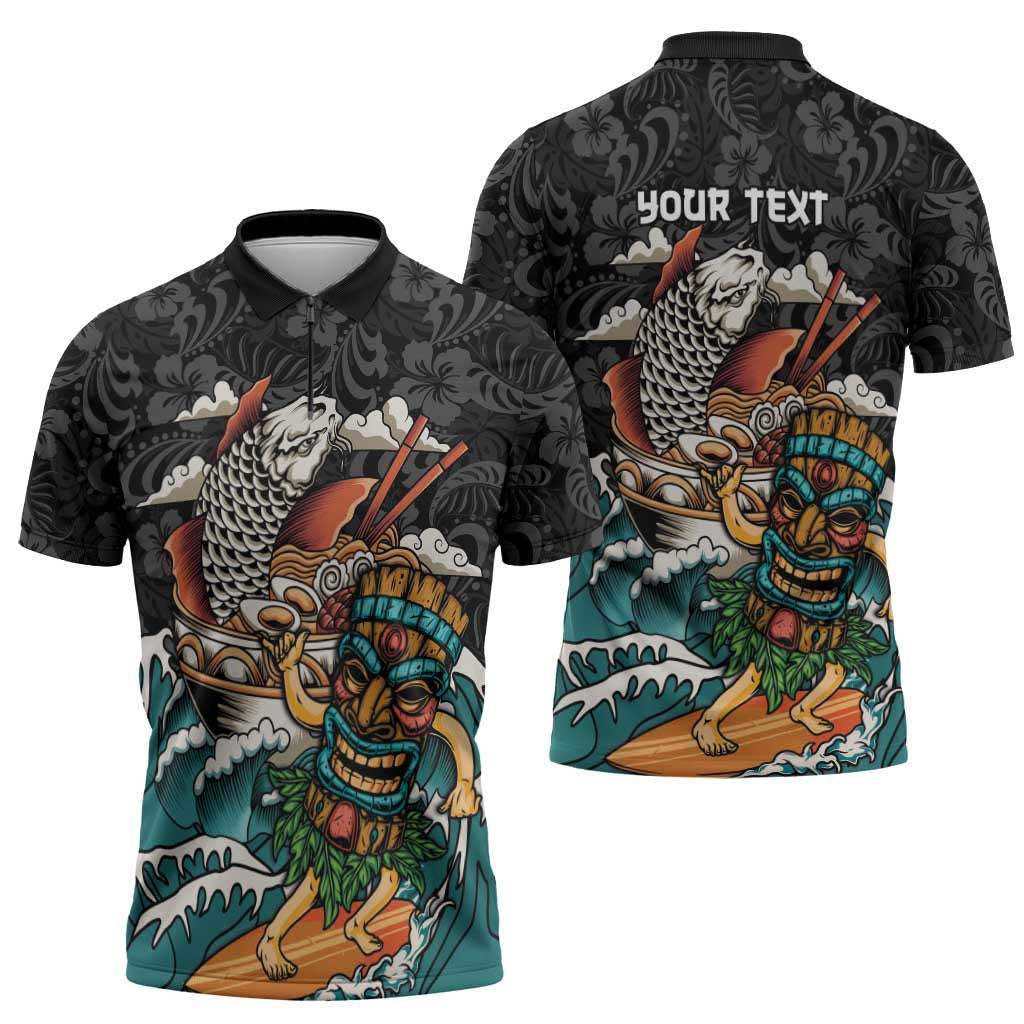 Personalized Japanese Koi Fish Ramen Zipper Polo Shirt Tiki Surfing Wagara Hibiscus Pattern