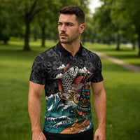 Personalized Japanese Koi Fish Ramen Zipper Polo Shirt Tiki Surfing Wagara Hibiscus Pattern