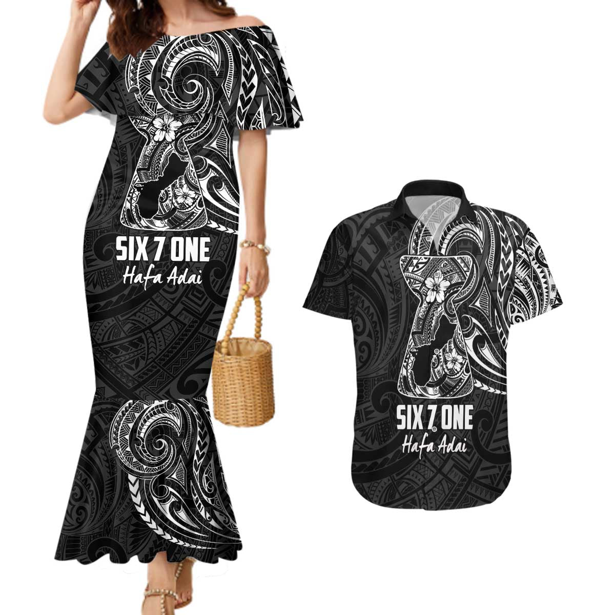 Black Guam Latte Stone Tribal Tattoo Couples Matching Mermaid Dress and Hawaiian Shirt Hafa Adai Six 7 One