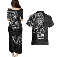 Black Guam Latte Stone Tribal Tattoo Couples Matching Puletasi and Hawaiian Shirt Hafa Adai Six 7 One
