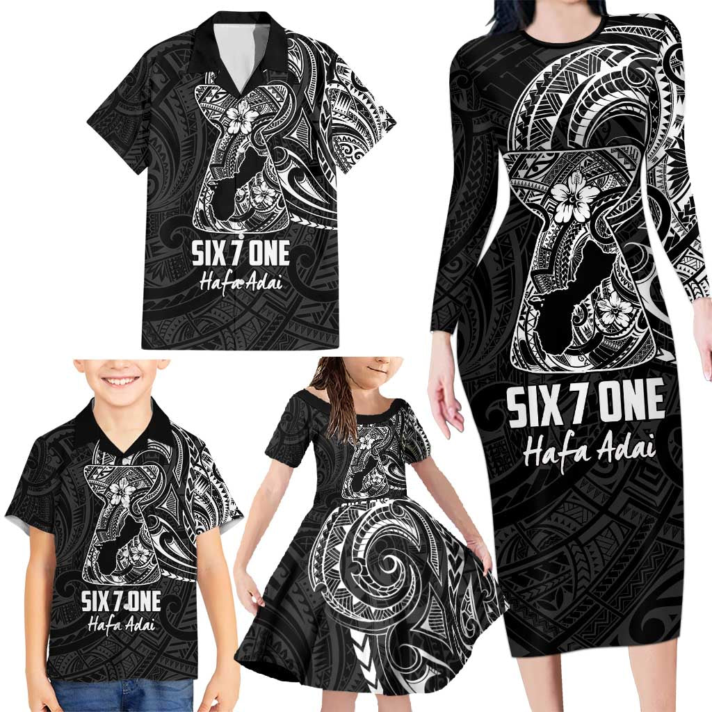 Black Guam Latte Stone Tribal Tattoo Family Matching Long Sleeve Bodycon Dress and Hawaiian Shirt Hafa Adai Six 7 One LT9 - Polynesian Pride