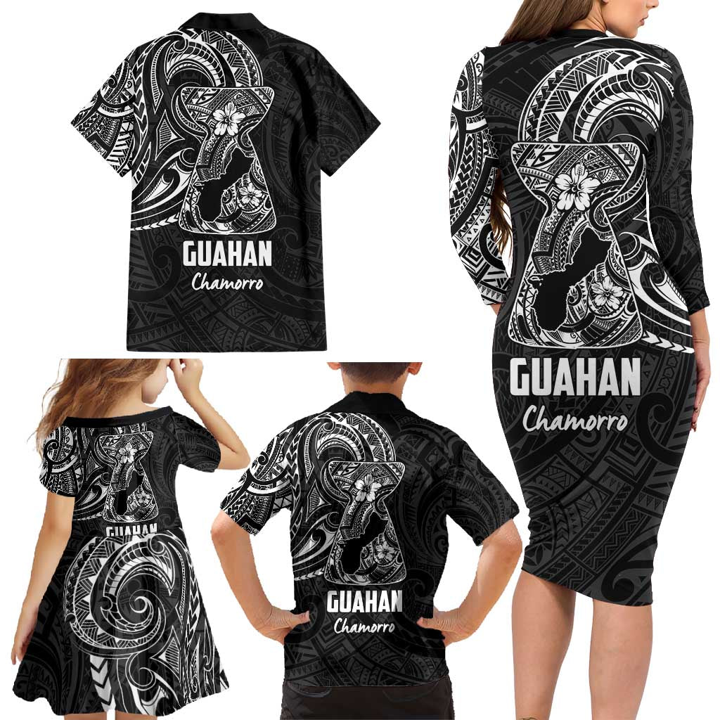 Black Guam Latte Stone Tribal Tattoo Family Matching Long Sleeve Bodycon Dress and Hawaiian Shirt Hafa Adai Six 7 One LT9 - Polynesian Pride
