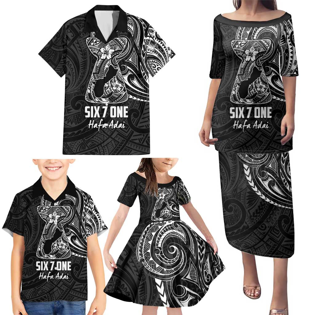 Black Guam Latte Stone Tribal Tattoo Family Matching Puletasi and Hawaiian Shirt Hafa Adai Six 7 One