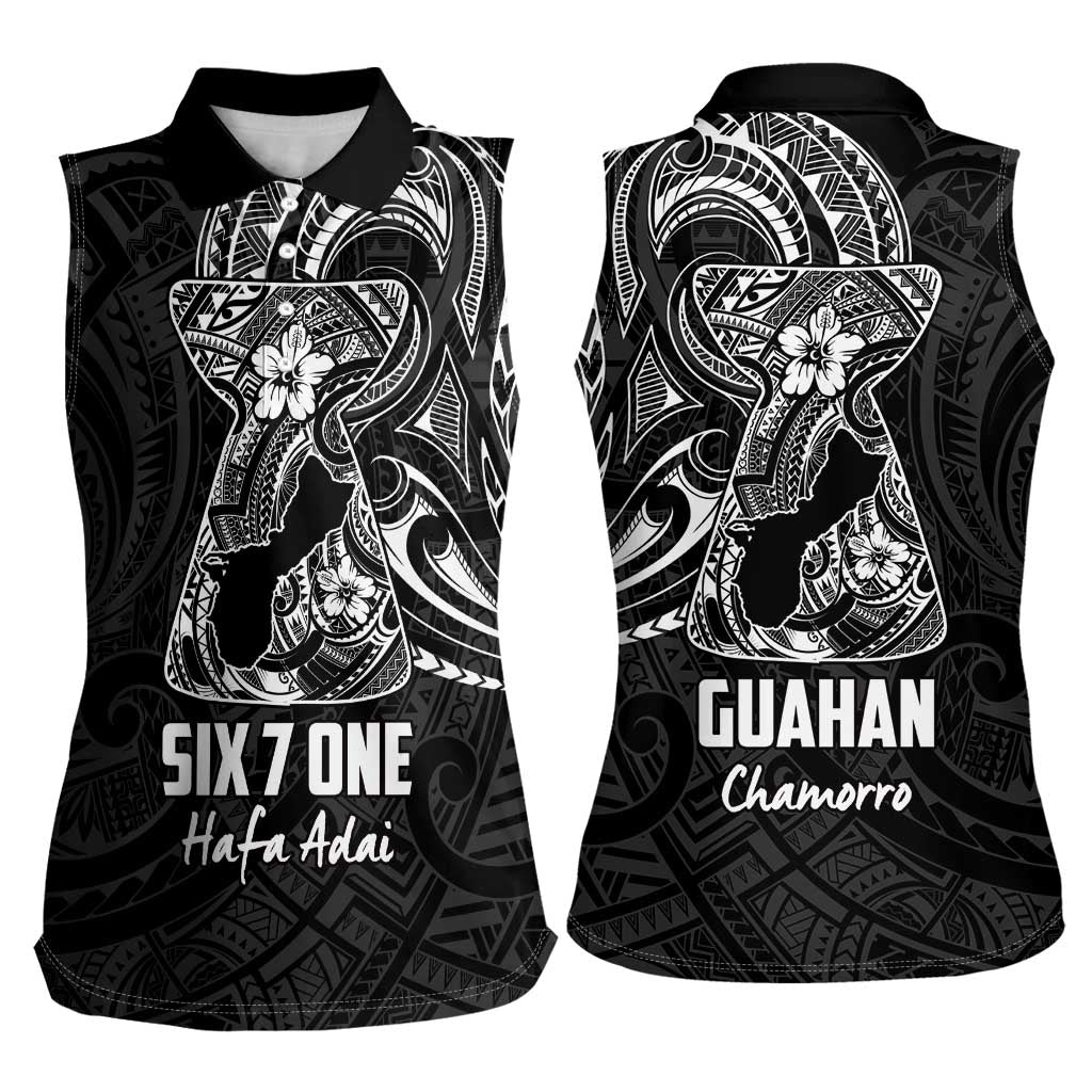 Black Guam Latte Stone Tribal Tattoo Women Sleeveless Polo Shirt Hafa Adai Six 7 One