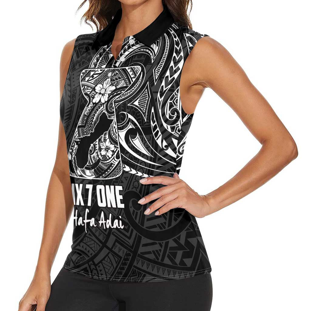 Black Guam Latte Stone Tribal Tattoo Women Sleeveless Polo Shirt Hafa Adai Six 7 One