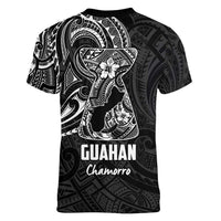 Black Guam Latte Stone Tribal Tattoo Women V-Neck T-Shirt Hafa Adai Six 7 One