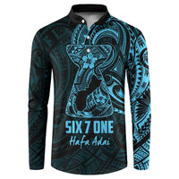 Blue Guam Latte Stone Tribal Tattoo Button Sweatshirt Hafa Adai Six 7 One