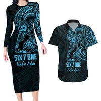 Blue Guam Latte Stone Tribal Tattoo Couples Matching Long Sleeve Bodycon Dress and Hawaiian Shirt Hafa Adai Six 7 One