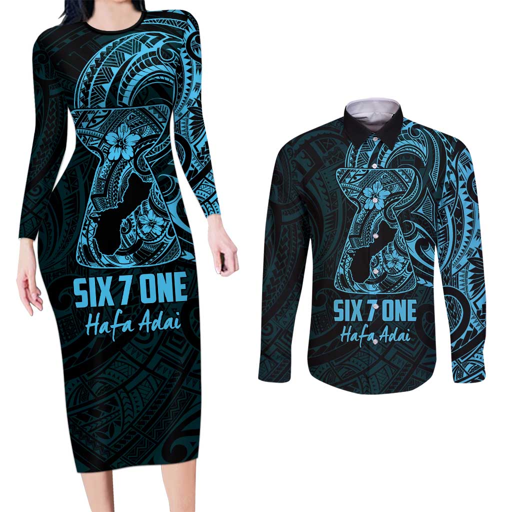 Blue Guam Latte Stone Tribal Tattoo Couples Matching Long Sleeve Bodycon Dress and Long Sleeve Button Shirt Hafa Adai Six 7 One
