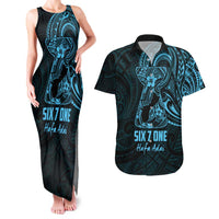 Blue Guam Latte Stone Tribal Tattoo Couples Matching Tank Maxi Dress and Hawaiian Shirt Hafa Adai Six 7 One