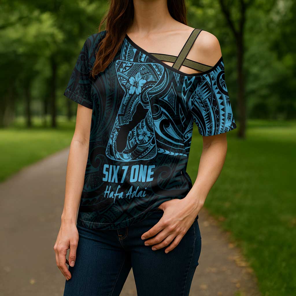 Blue Guam Latte Stone Tribal Tattoo Cross Shoulder Shirt Hafa Adai Six 7 One - Polynesian Pride