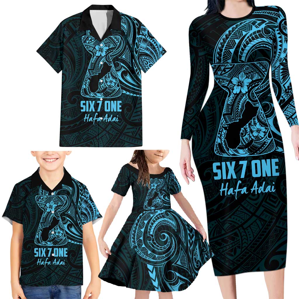 Blue Guam Latte Stone Tribal Tattoo Family Matching Long Sleeve Bodycon Dress and Hawaiian Shirt Hafa Adai Six 7 One LT9 - Polynesian Pride