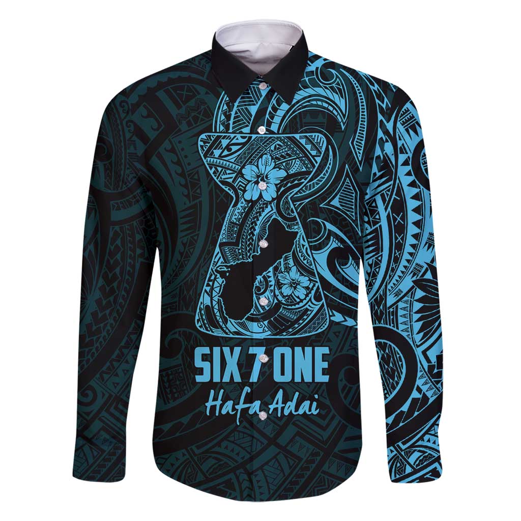 Blue Guam Latte Stone Tribal Tattoo Family Matching Mermaid Dress and Hawaiian Shirt Hafa Adai Six 7 One LT9 Dad's Shirt - Long Sleeve Blue - Polynesian Pride
