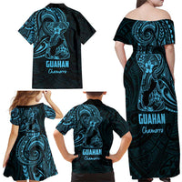 Blue Guam Latte Stone Tribal Tattoo Family Matching Off Shoulder Maxi Dress and Hawaiian Shirt Hafa Adai Six 7 One