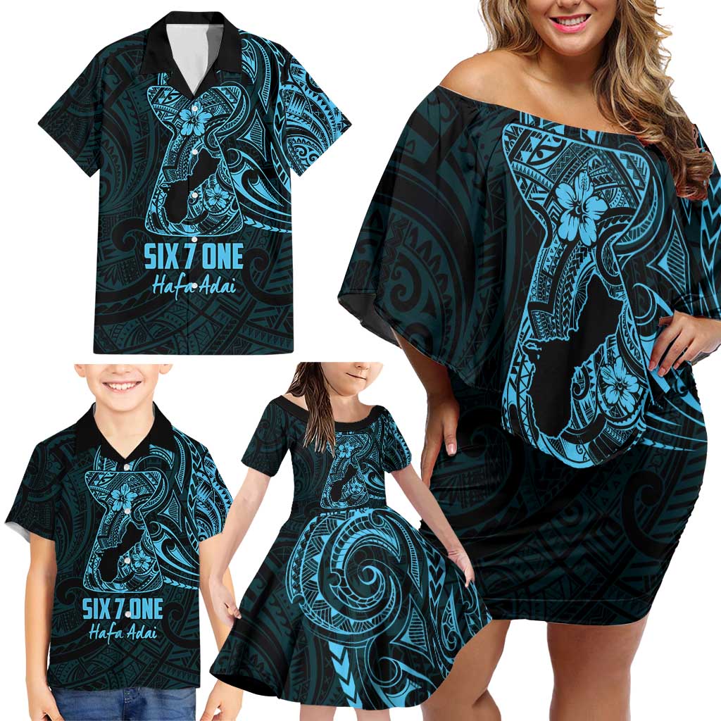 Blue Guam Latte Stone Tribal Tattoo Family Matching Off Shoulder Short Dress and Hawaiian Shirt Hafa Adai Six 7 One