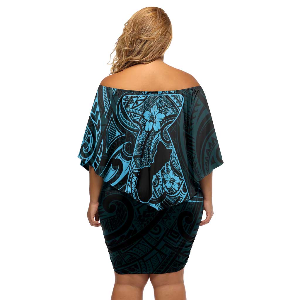 Blue Guam Latte Stone Tribal Tattoo Family Matching Off Shoulder Short Dress and Hawaiian Shirt Hafa Adai Six 7 One