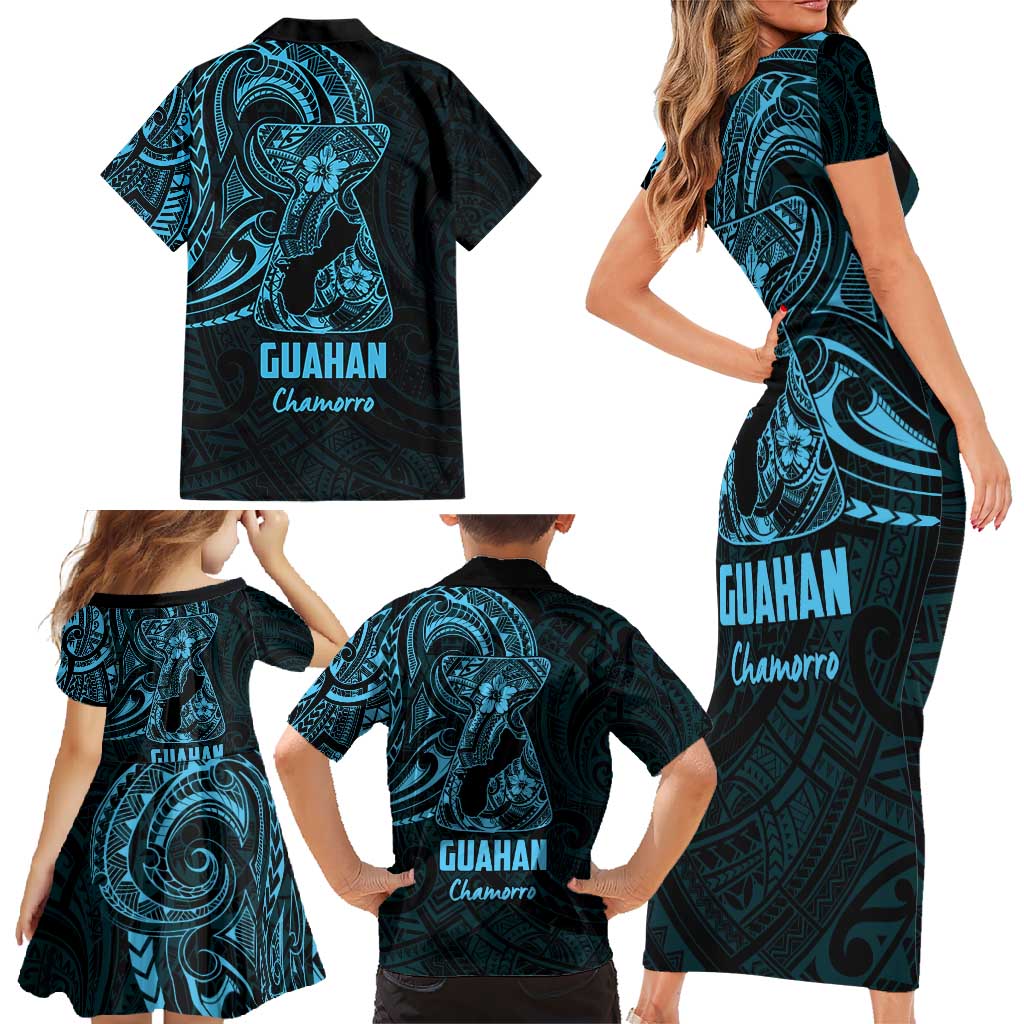 Blue Guam Latte Stone Tribal Tattoo Family Matching Short Sleeve Bodycon Dress and Hawaiian Shirt Hafa Adai Six 7 One LT9 - Polynesian Pride