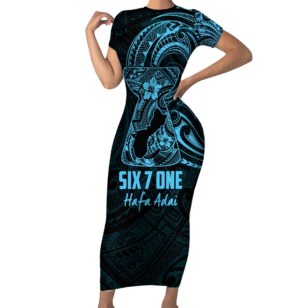 Blue Guam Latte Stone Tribal Tattoo Family Matching Short Sleeve Bodycon Dress and Hawaiian Shirt Hafa Adai Six 7 One LT9 Mom's Dress Blue - Polynesian Pride