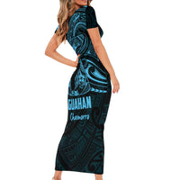 Blue Guam Latte Stone Tribal Tattoo Family Matching Short Sleeve Bodycon Dress and Hawaiian Shirt Hafa Adai Six 7 One LT9 - Polynesian Pride