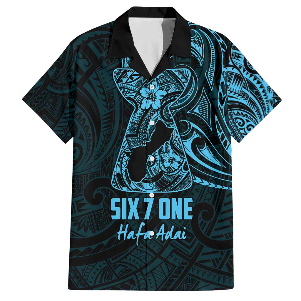 Blue Guam Latte Stone Tribal Tattoo Family Matching Tank Maxi Dress and Hawaiian Shirt Hafa Adai Six 7 One LT9 Dad's Shirt - Short Sleeve Blue - Polynesian Pride