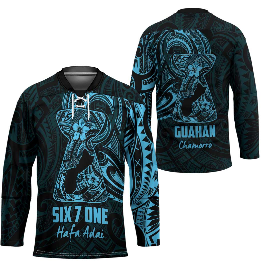Blue Guam Latte Stone Tribal Tattoo Hockey Jersey Hafa Adai Six 7 One - Polynesian Pride