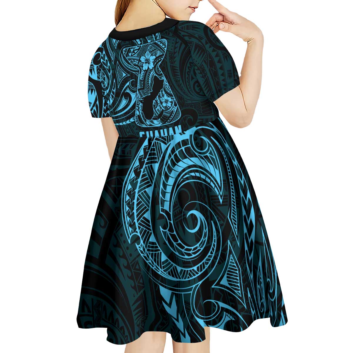 Blue Guam Latte Stone Tribal Tattoo Kid Short Sleeve Dress Hafa Adai Six 7 One
