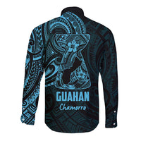 Blue Guam Latte Stone Tribal Tattoo Long Sleeve Button Shirt Hafa Adai Six 7 One