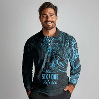 Blue Guam Latte Stone Tribal Tattoo Long Sleeve Polo Shirt Hafa Adai Six 7 One