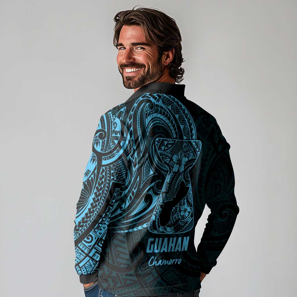 Blue Guam Latte Stone Tribal Tattoo Long Sleeve Polo Shirt Hafa Adai Six 7 One
