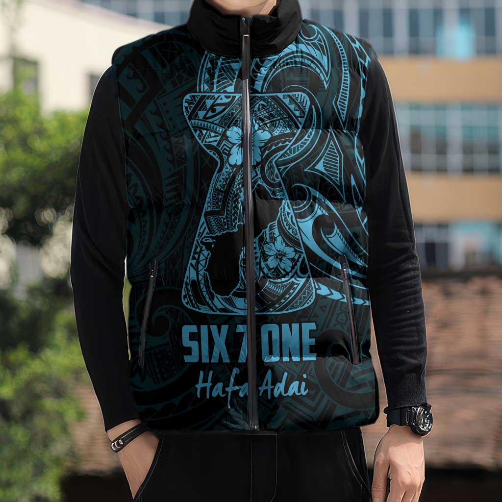 Blue Guam Latte Stone Tribal Tattoo Sleeveless Puffer Jacket Hafa Adai Six 7 One - Polynesian Pride
