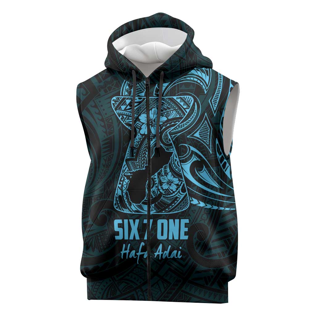 Blue Guam Latte Stone Tribal Tattoo Sleeveless Zip Hoodie Hafa Adai Six 7 One - Polynesian Pride