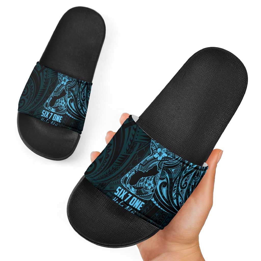Blue Guam Latte Stone Tribal Tattoo Slide Sandals Hafa Adai Six 7 One - Polynesian Pride