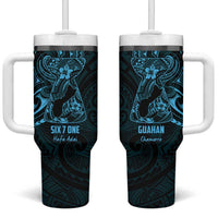 Blue Guam Latte Stone Tribal Tattoo Tumbler With Handle Hafa Adai Six 7 One LT9 One Size: 40 oz Blue - Polynesian Pride