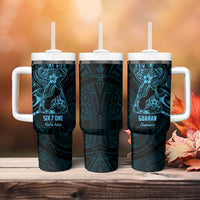 Blue Guam Latte Stone Tribal Tattoo Tumbler With Handle Hafa Adai Six 7 One LT9 - Polynesian Pride