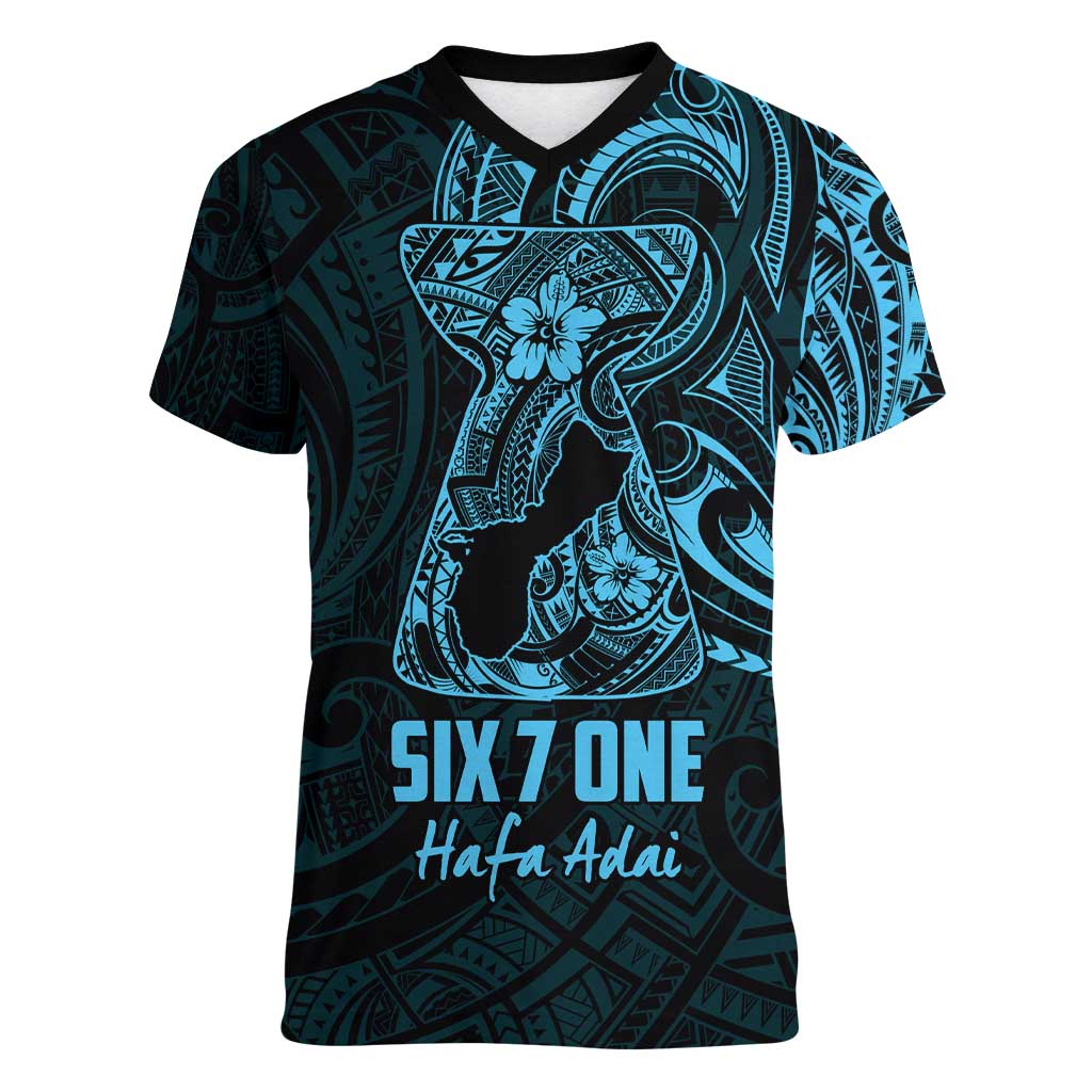 Blue Guam Latte Stone Tribal Tattoo Women V-Neck T-Shirt Hafa Adai Six 7 One
