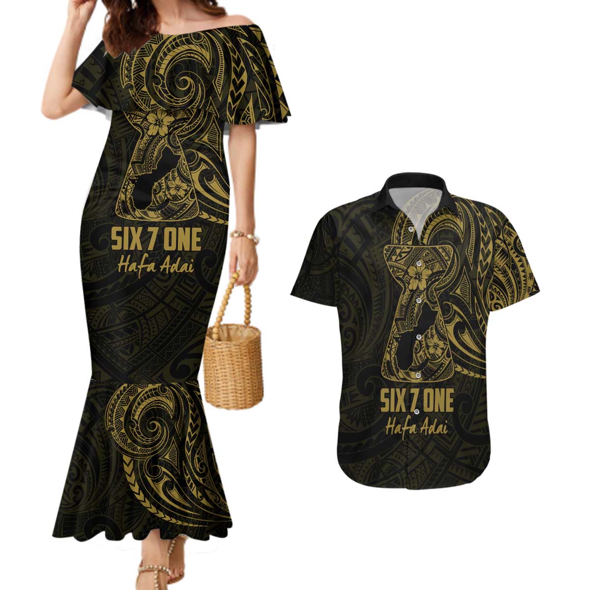 Gold Guam Latte Stone Tribal Tattoo Couples Matching Mermaid Dress and Hawaiian Shirt Hafa Adai Six 7 One