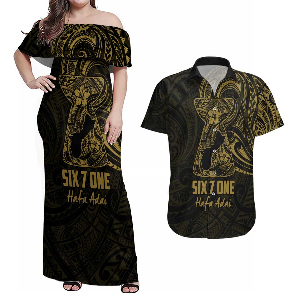 Gold Guam Latte Stone Tribal Tattoo Couples Matching Off Shoulder Maxi Dress and Hawaiian Shirt Hafa Adai Six 7 One