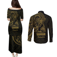 Gold Guam Latte Stone Tribal Tattoo Couples Matching Puletasi and Long Sleeve Button Shirt Hafa Adai Six 7 One