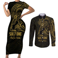 Gold Guam Latte Stone Tribal Tattoo Couples Matching Short Sleeve Bodycon Dress and Long Sleeve Button Shirt Hafa Adai Six 7 One