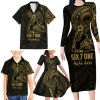 Gold Guam Latte Stone Tribal Tattoo Family Matching Long Sleeve Bodycon Dress and Hawaiian Shirt Hafa Adai Six 7 One LT9 - Polynesian Pride