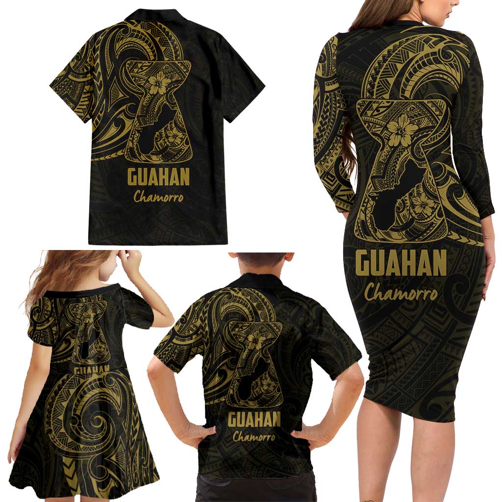 Gold Guam Latte Stone Tribal Tattoo Family Matching Long Sleeve Bodycon Dress and Hawaiian Shirt Hafa Adai Six 7 One LT9 - Polynesian Pride