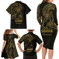 Gold Guam Latte Stone Tribal Tattoo Family Matching Long Sleeve Bodycon Dress and Hawaiian Shirt Hafa Adai Six 7 One LT9 - Polynesian Pride