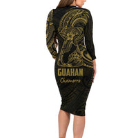 Gold Guam Latte Stone Tribal Tattoo Family Matching Long Sleeve Bodycon Dress and Hawaiian Shirt Hafa Adai Six 7 One LT9 - Polynesian Pride
