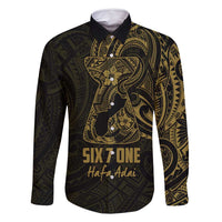 Gold Guam Latte Stone Tribal Tattoo Family Matching Mermaid Dress and Hawaiian Shirt Hafa Adai Six 7 One LT9 Dad's Shirt - Long Sleeve Gold - Polynesian Pride