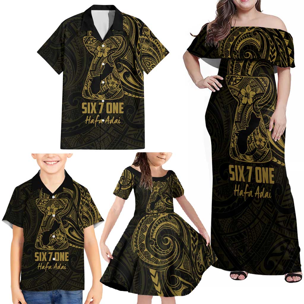 Gold Guam Latte Stone Tribal Tattoo Family Matching Off Shoulder Maxi Dress and Hawaiian Shirt Hafa Adai Six 7 One
