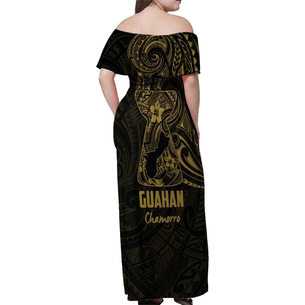 Gold Guam Latte Stone Tribal Tattoo Family Matching Off Shoulder Maxi Dress and Hawaiian Shirt Hafa Adai Six 7 One